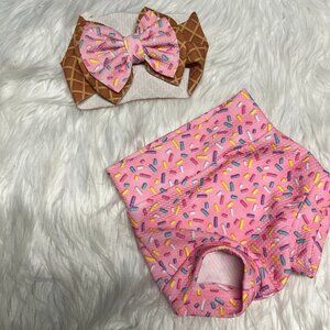 Sprinkle Bummy with Waffle cone sprinkle head wrap Bow, size 9-12months